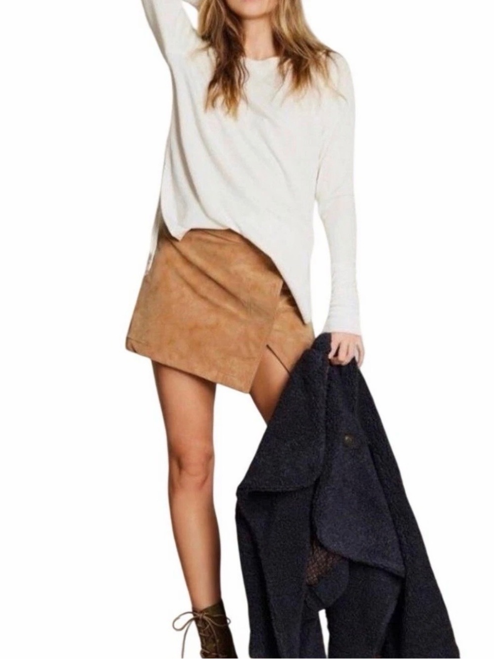 Free People Ari Wrap Mini Skirt Camel Faux Suede Buckle 8 Boho Festival